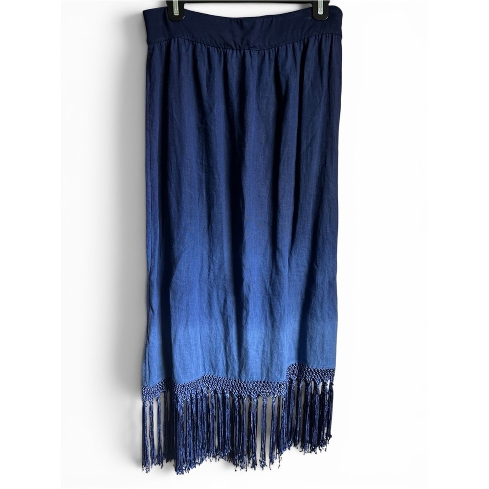 Linen Fringe Maxi Skirt Blue Ombré Boho Festival Coastal Artisan Chico's Small